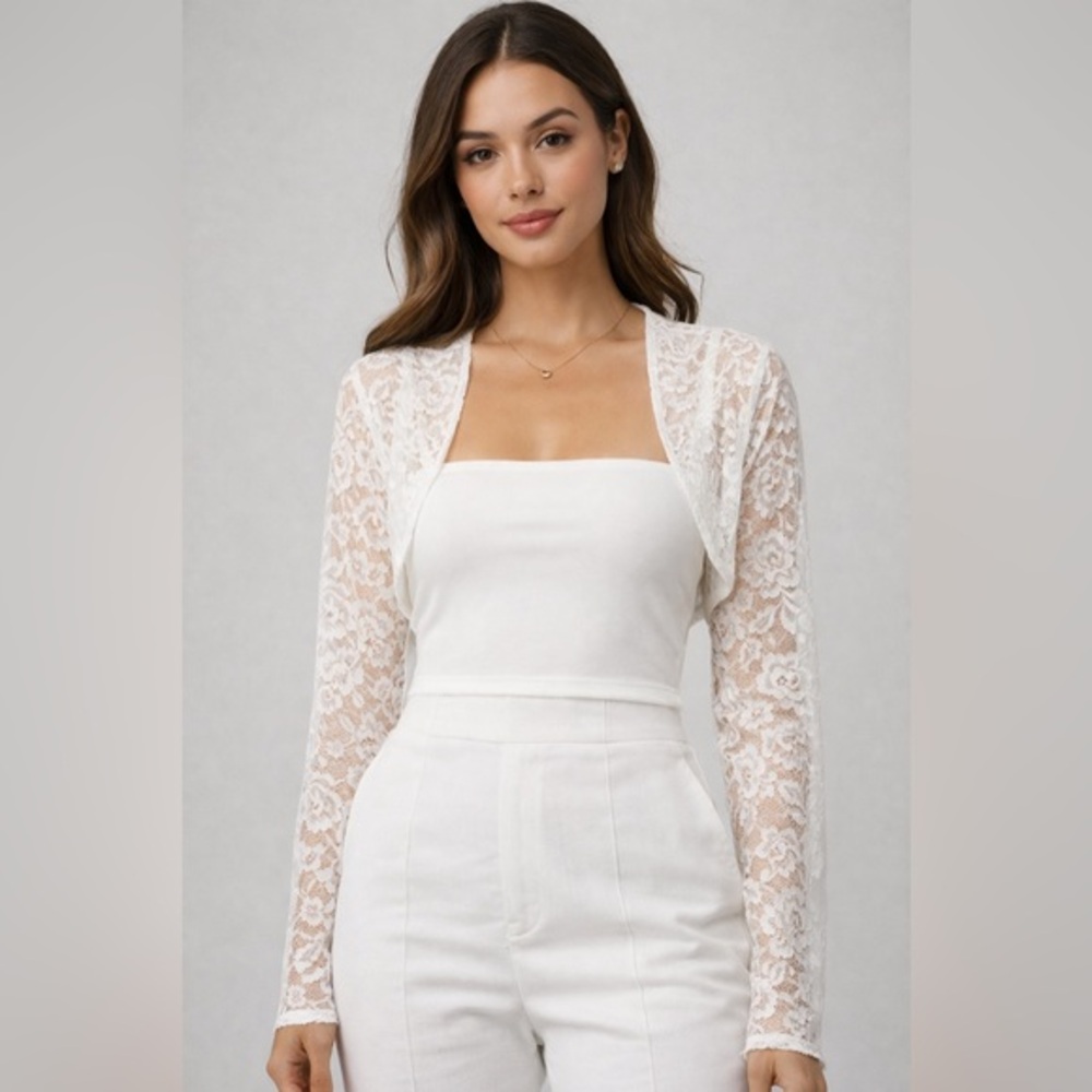 Belle Poque White Lace Cropped Bolero Shrug Long Sleeve Bridal Formal Top 2XL